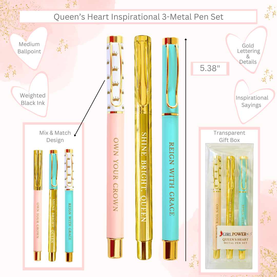 Girl Power 24/7 - Queen’s Heart Inspirational Metal Pen Set of 3