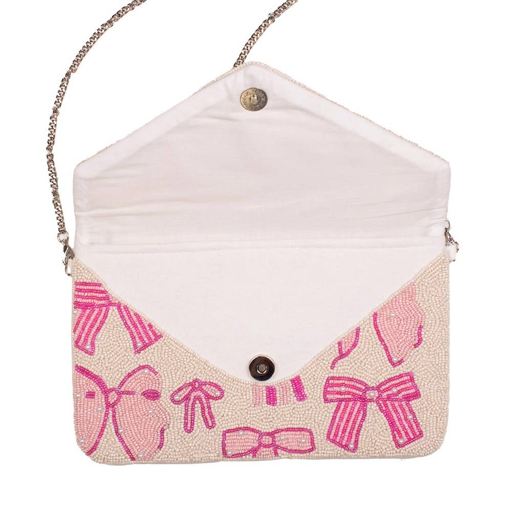 The Royal Standard - Pearl Bow Beaded Clutch   Pink/Pearl   10x6