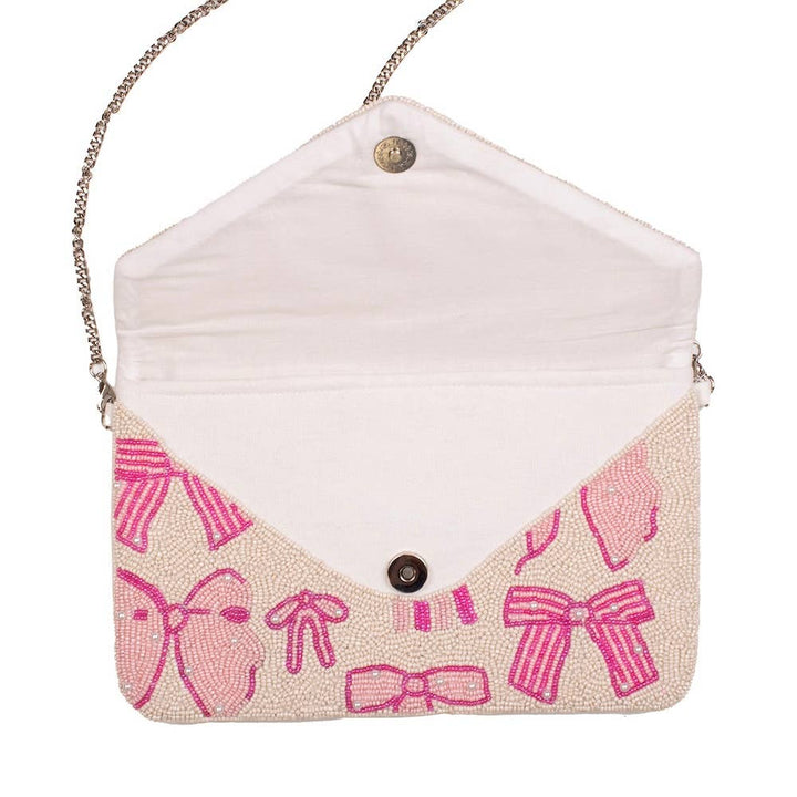 The Royal Standard - Pearl Bow Beaded Clutch   Pink/Pearl   10x6