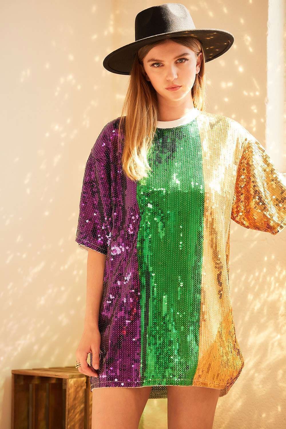Main Strip - Mardi grass Color Block Sequin Tunic Top: PURPLE/GREEN/GOLD / L
