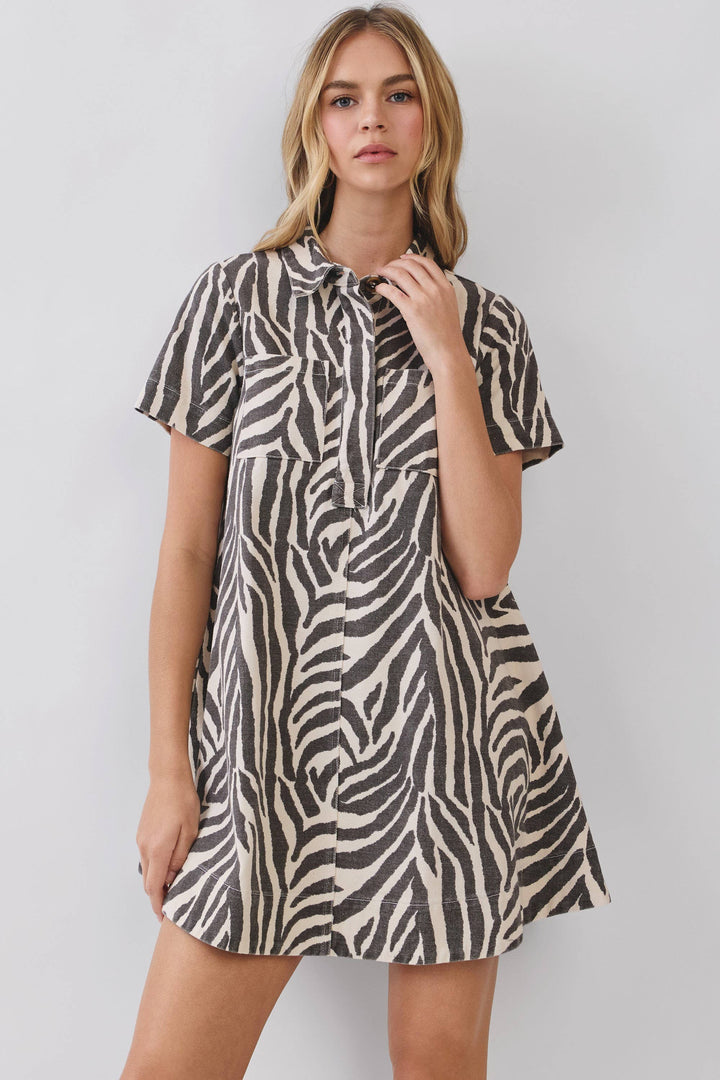 Zebra Print Button Down Collared Mini Dress: CREAM / M