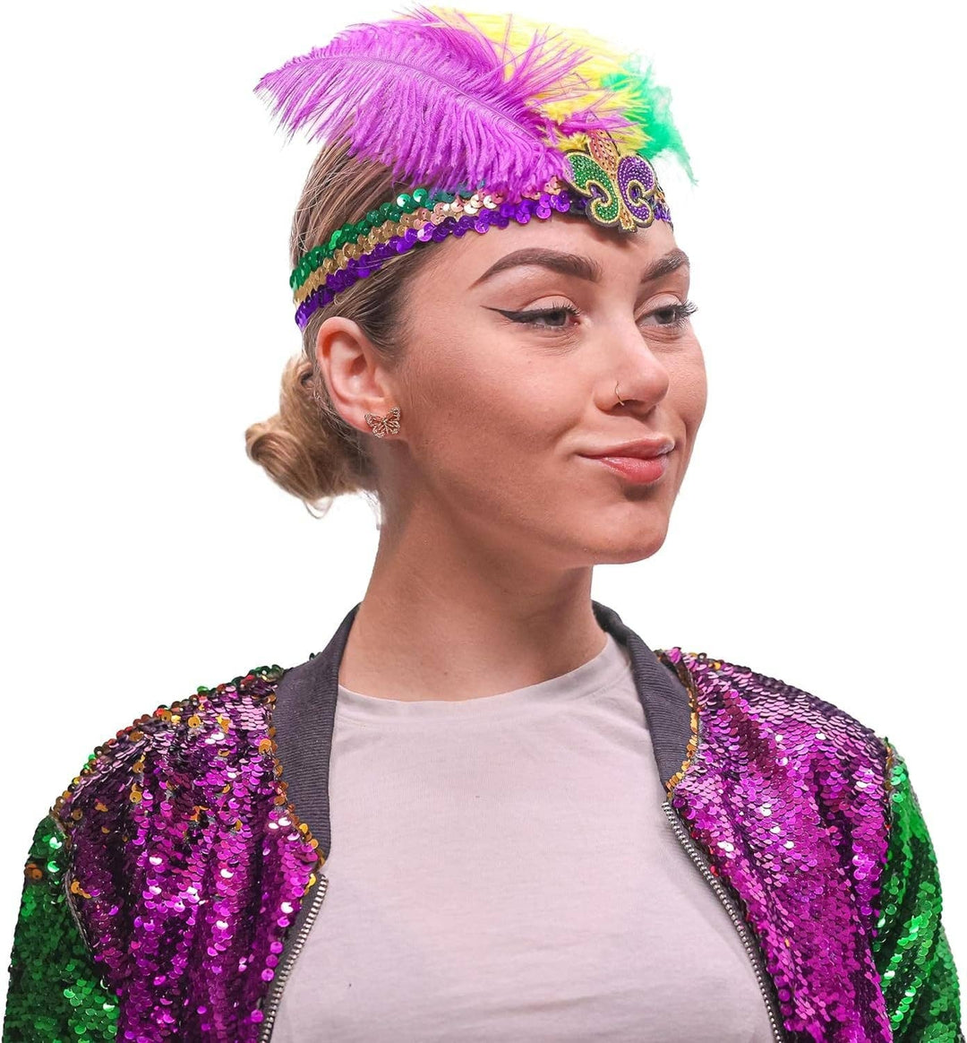 The Mardi Gras Krewe - Mardi Gras Sequin Headband with Feathers, Mardi Gras Accessories, Green Purple and Yellow Feather Headband with Fleur-de-lis