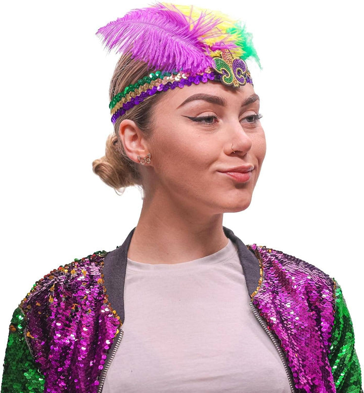 The Mardi Gras Krewe - Mardi Gras Sequin Headband with Feathers, Mardi Gras Accessories, Green Purple and Yellow Feather Headband with Fleur-de-lis