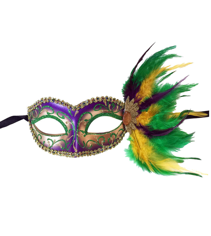 Mardi Gras Creations - Glitter Swirl Eyelet Mask With Side Feathers: Red