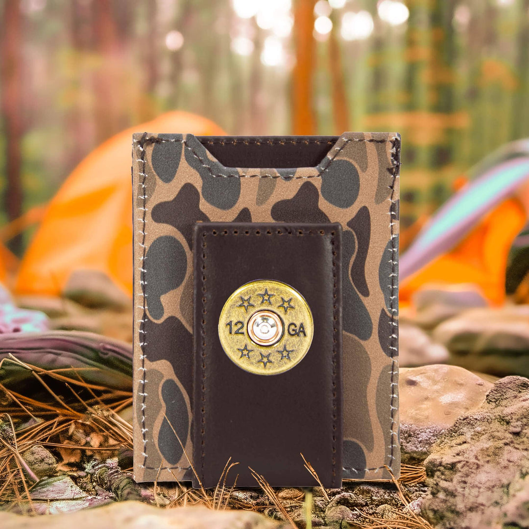 Zep-Pro - Shotshell Men's Magnetic Front Pocket Old School Camo Leather Wallet.: Green/Gray Camo