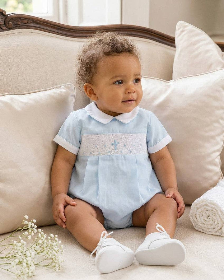 Julius Berger & Carriage Boutique - Boy Christening & Baptism Short Set – Hand Smocked Cross Blue by Carriage Boutique: 6M