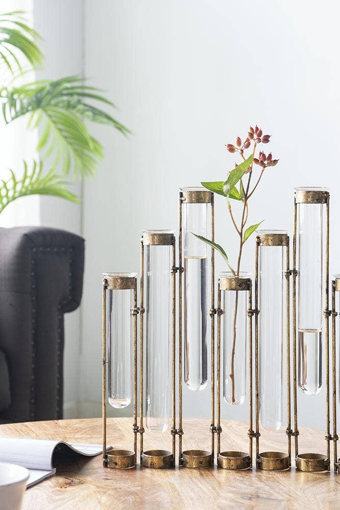 A&B Home Group Inc. - 17.5x2x14" Glass Vial Flower Vase with Bronze Iron Frame