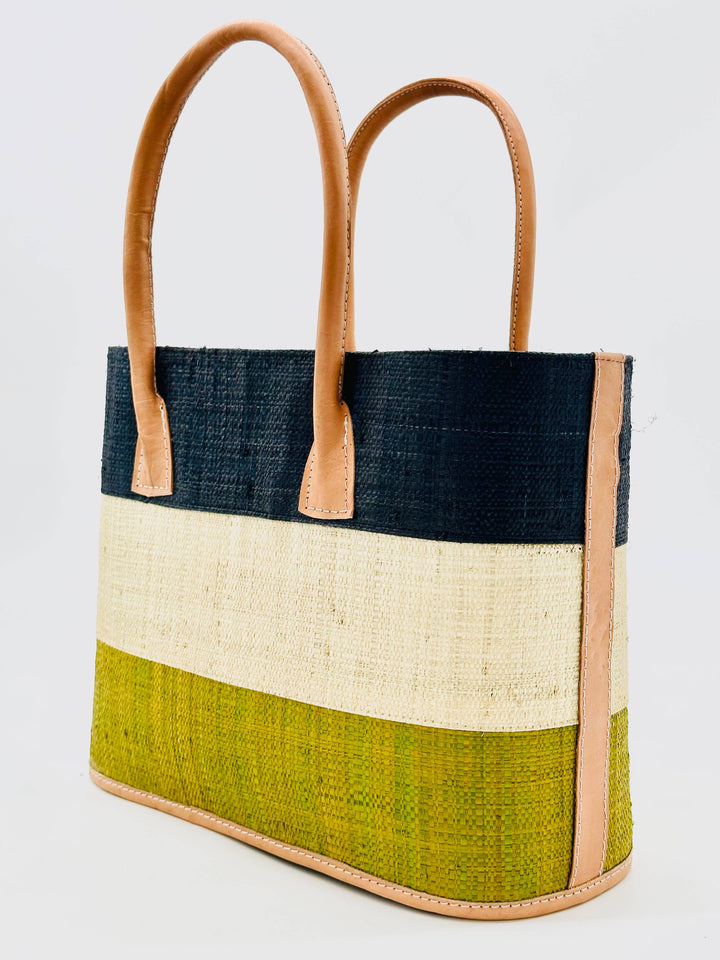 Shebobo - Santorini Color Block Straw Basket Bag Handbag: Medium / Tobacco & Black