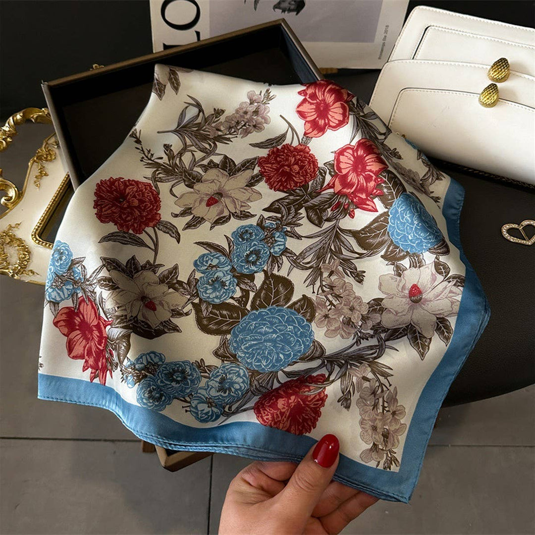 ACCITY - Lotus & Peony Print Satin Square Scarf for Summer_CWASC1429: BLUEORANGE / (OS) 3