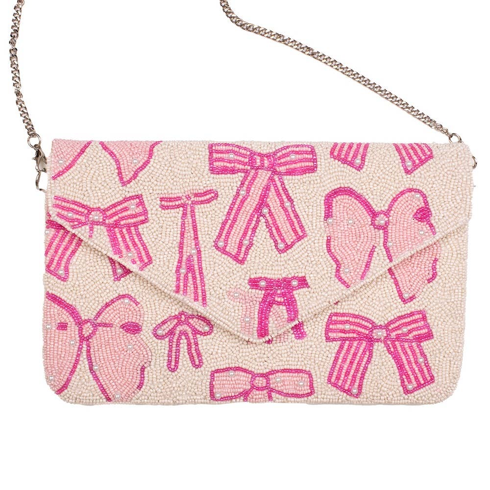 The Royal Standard - Pearl Bow Beaded Clutch   Pink/Pearl   10x6