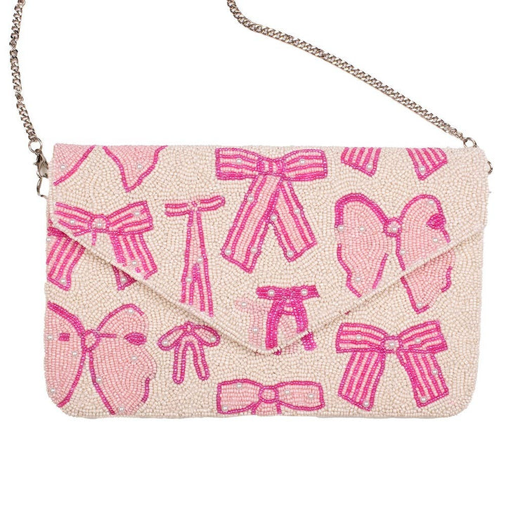 The Royal Standard - Pearl Bow Beaded Clutch   Pink/Pearl   10x6