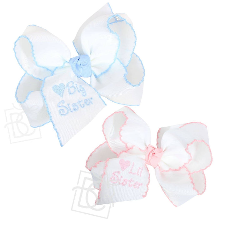 Beyond Creations, LLC - Embroidered Big Sister & Lil Sister Crochet Edge Bow: White w/ Millennium Blue Crochet Edge / 4.5" Large / Lil Sister
