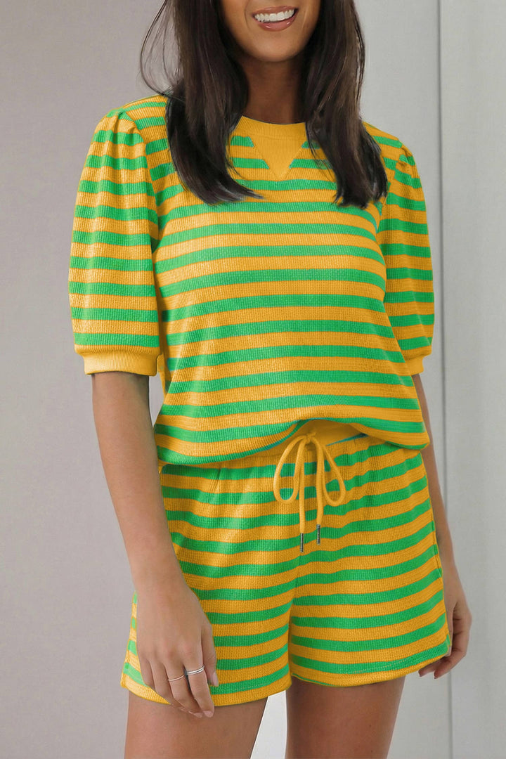 Stripe Spring Puff Sleeve Shirt Matching Shorts Set|S-4X: Green Stripe / S