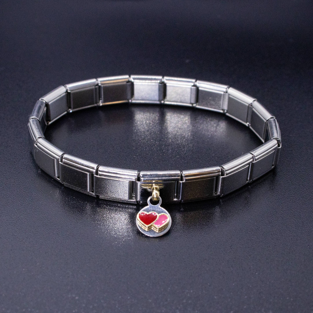 Natalia - Italian Bracelet Dangle Charm - Red & Pink Hearts 9mm Links
