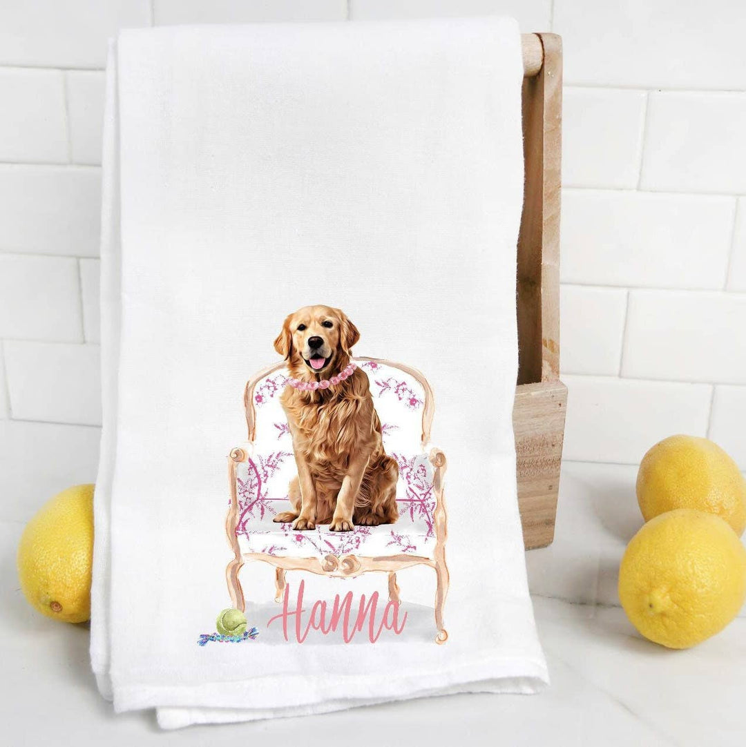 The Preppy Pineapple Home - Custom Golden Retriever 3 Flour Sack Towel, Tea Towel, Dog M: Pink Belle Bow Tie / Palm Chair