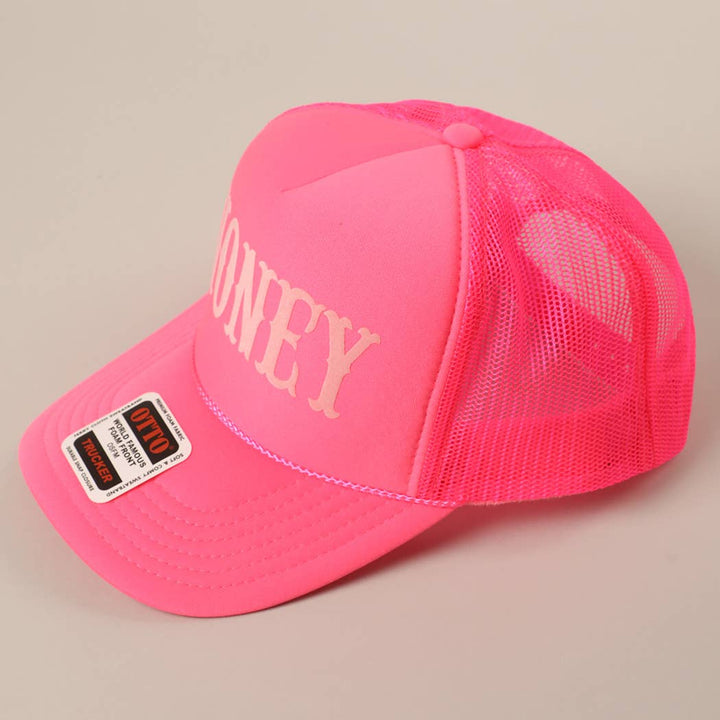 Fashion City - HONEY Text Logo Printed Mesh Back Trucker Hat: White / ONE SIZE