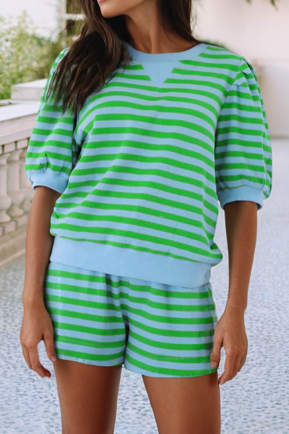 Stripe Spring Puff Sleeve Shirt Matching Shorts Set|S-4X: Green Stripe / XL
