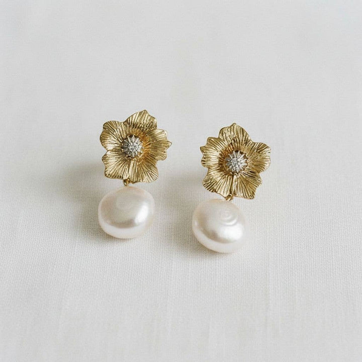 Ellemadera - Baroque-Inspired Floral Pearl Drop Earrings