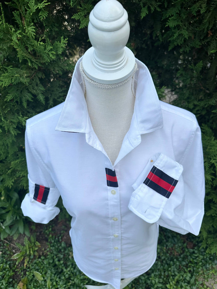 Pearly Vine - Casie 2 - White Oxford w/Navy & Red Stripe Ribbon : White w Navy & Red Stripe Ribbon / XL