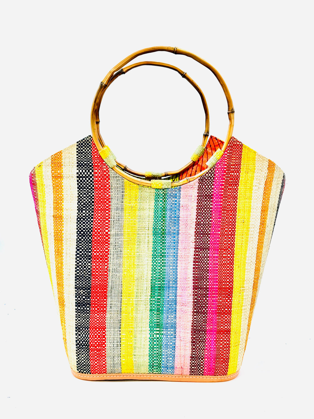 Shebobo - Carmen Solid & Stripes Straw Bucket Bag with Bamboo Handles: Natural