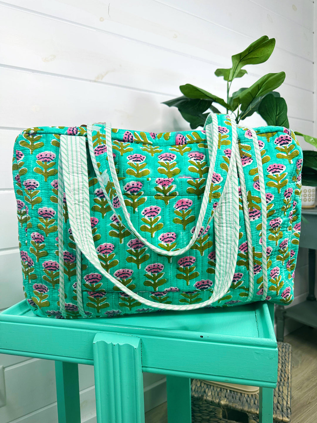 Folklore Couture - Quilted Duffle Bag | Weekender Travel Overnight Bag | Aqua