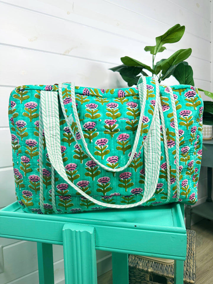 Folklore Couture - Quilted Duffle Bag | Weekender Travel Overnight Bag | Aqua