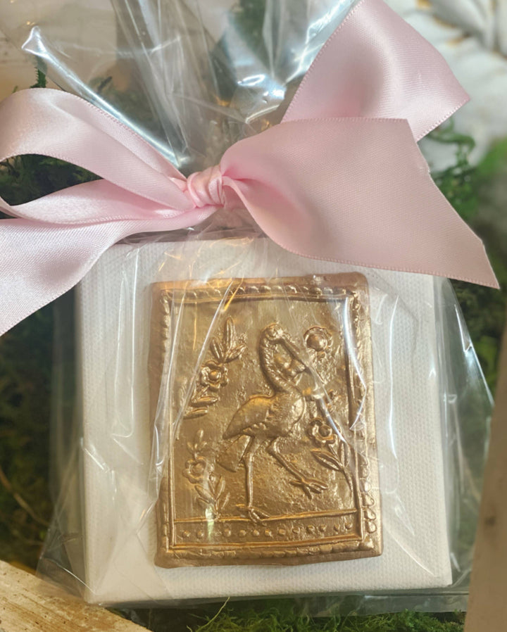 Rouge 225 - Gilded Vintage Style Stork with Baby Canvas Art: Blue Satin