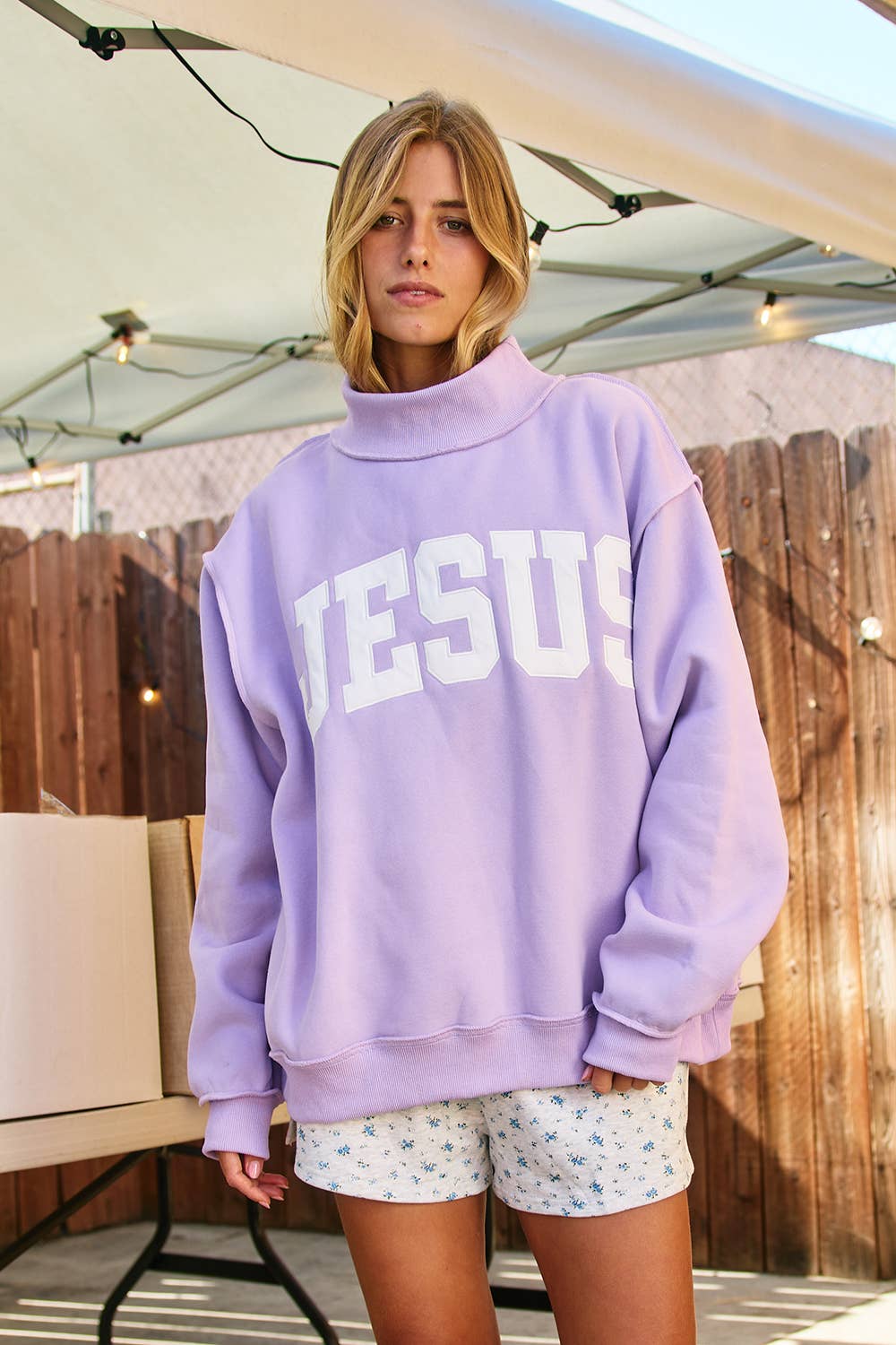 BUCKETLIST INC - IT2594E-JESUS  'JESUS' Embroidered Mock Neck Sweatshirt : LAVENDER / S/M-L/XL (3-3)