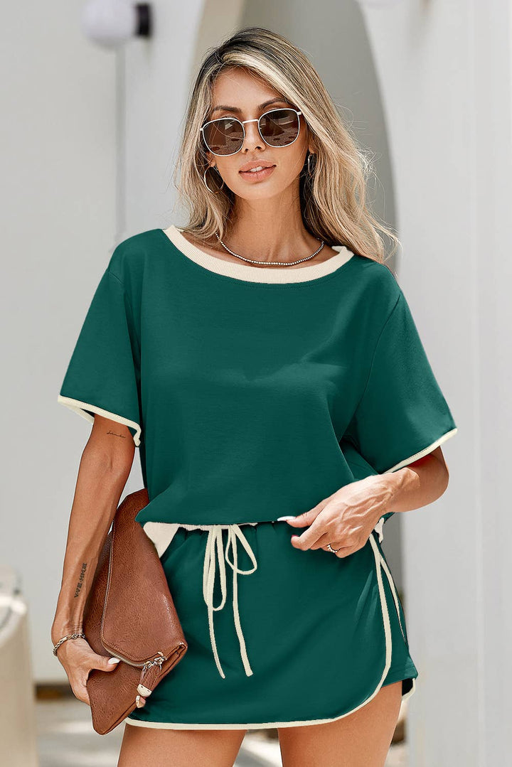 LDC Colorblock Edge Drop Shoulder T Shirt and Skirt 2Pcs Set: Bonbon / M
