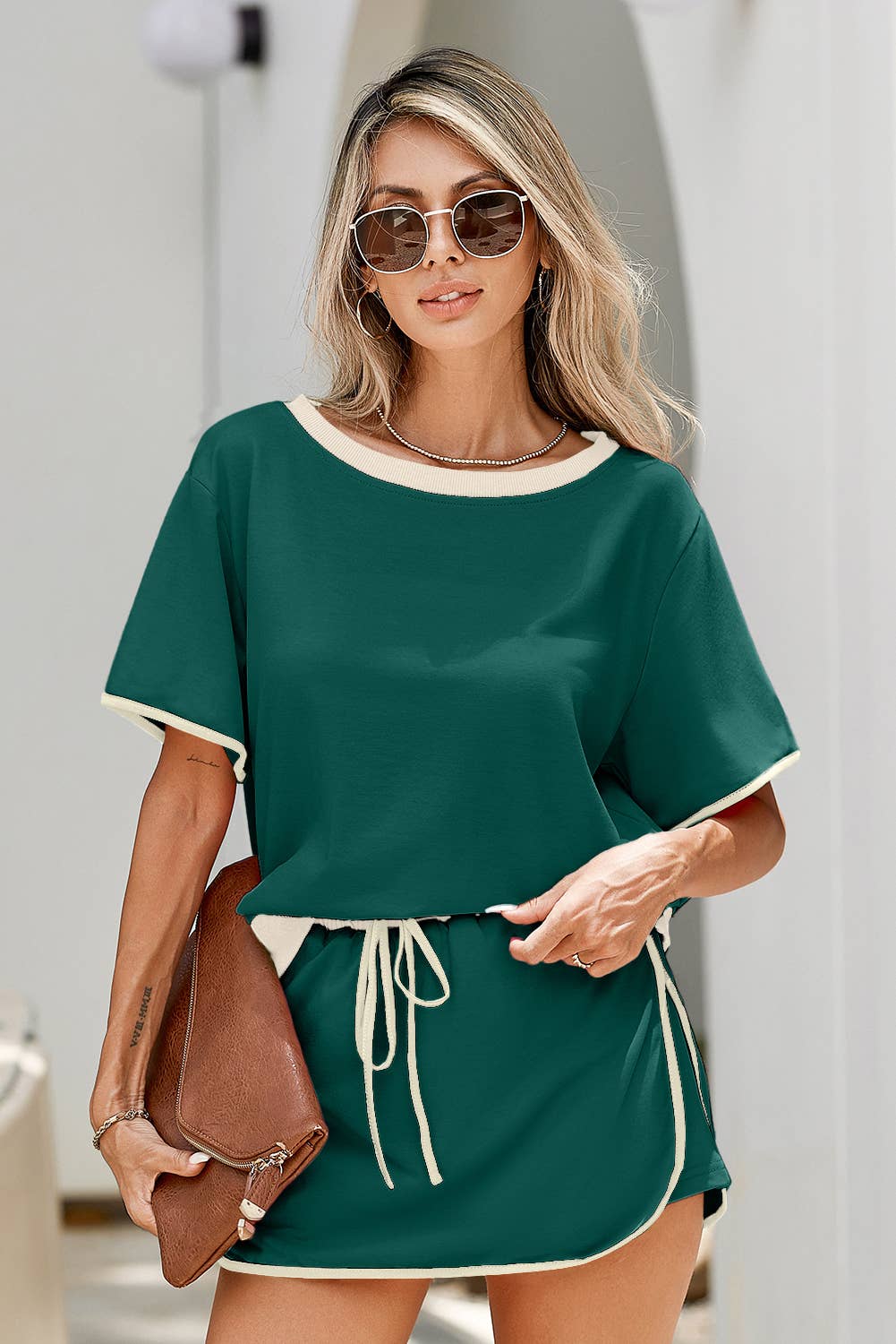 Colorblock Edge Drop Shoulder T Shirt and Skirt 2Pcs Set: Black / XL