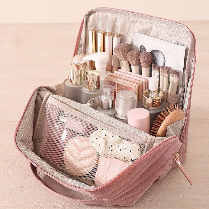 MKS America - Solid Color Standing Travel Makeup & Toiletry Bag: Pink / M
