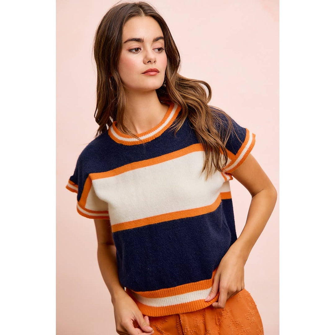 BiBi - GAMEDAY THEME COLORBLOCK REALXED FIT KNIT TOP: NAVY/ORANGE / XL