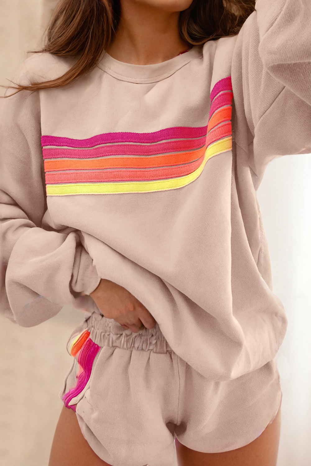 LA Society - Color Contrast Trim Long Sleeve and Shorts Set: Beige XL