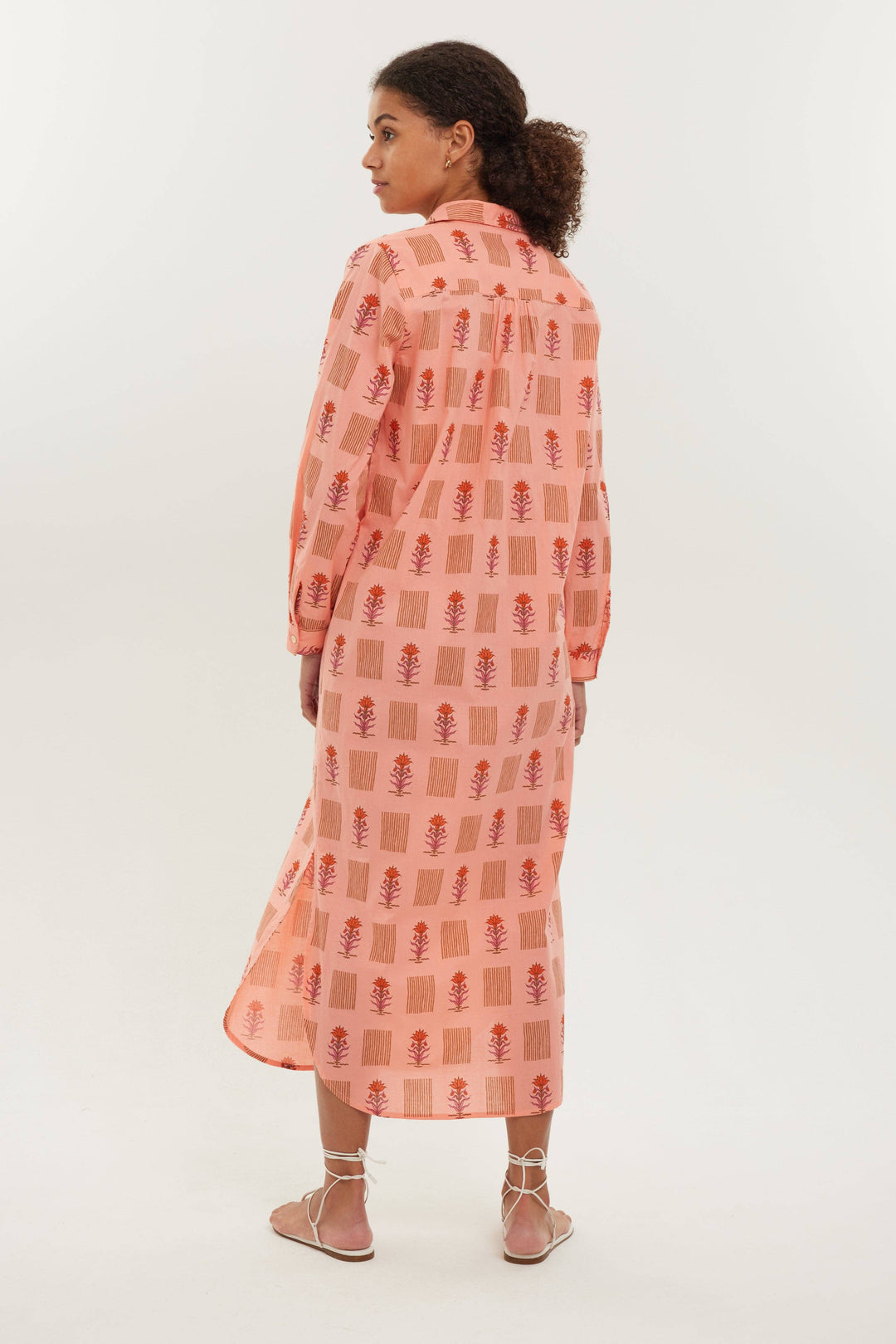 BECASA - Cotton Shirt Dress - Coral Bloom: XL