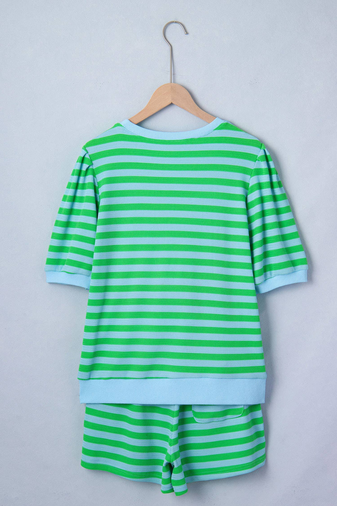 Stripe Spring Puff Sleeve Shirt Matching Shorts Set|S-4X: Green Stripe / M