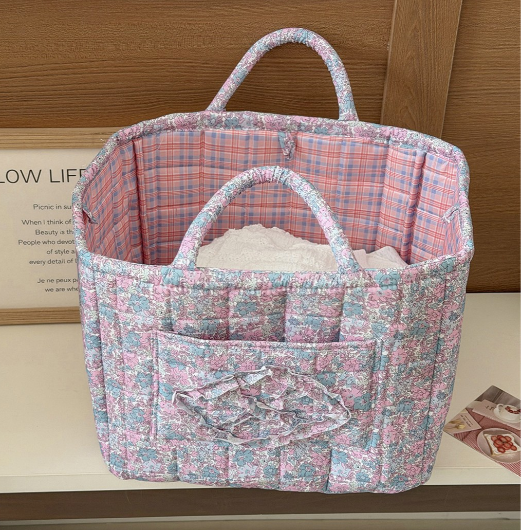 MKS America - Quilted Floral Laundry Basket Foldable Storage Basket: Blue / M