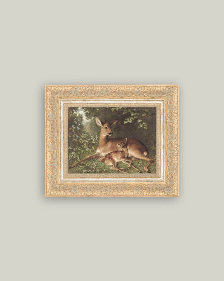 Petal Lane Home - Doe with Fawn Framed Antique Art: 12x10