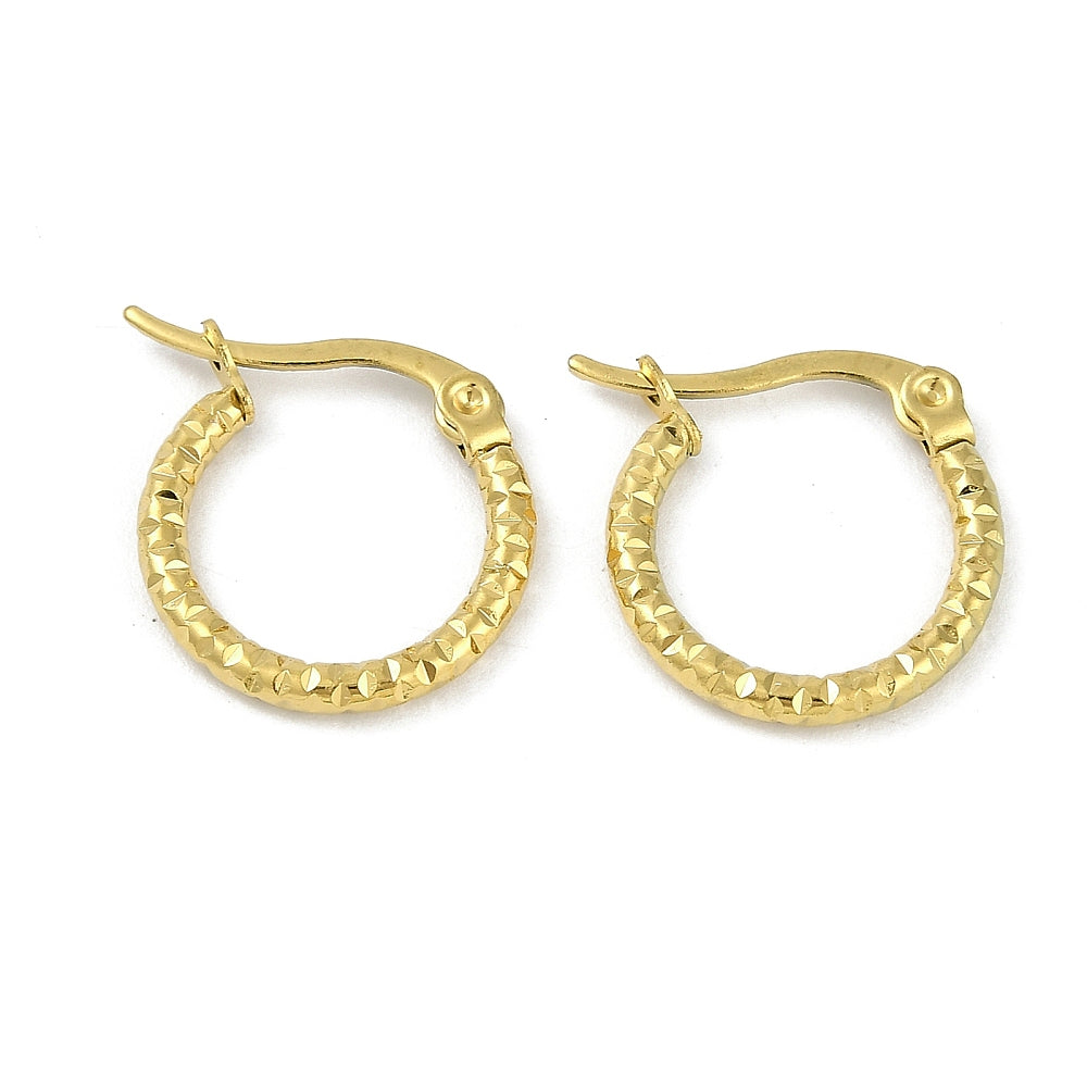 PVD Vacuum Plating 202 Stainless Steel Hammered Hoop Earrings, with 304 Stainless Steel Pins, Ring, Golden Size: about 2mm wide, 16mm long.