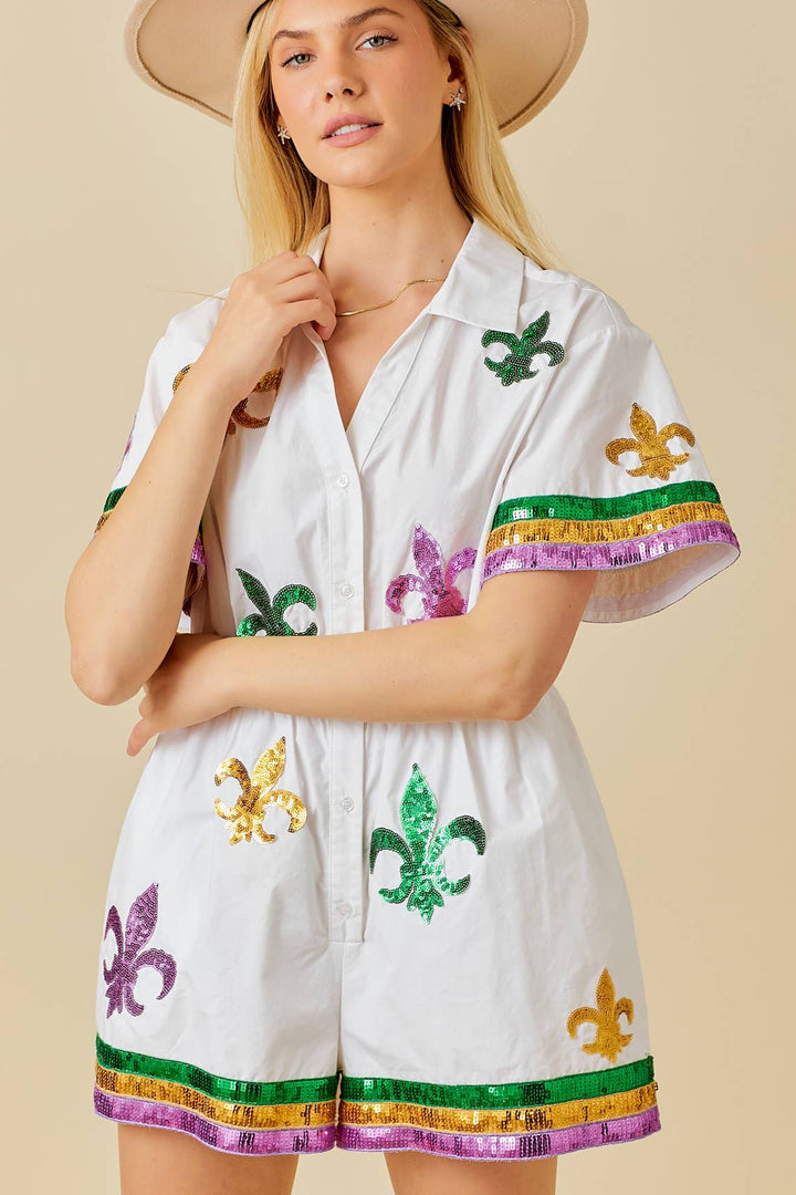 Main Strip - Mardi Gras Sequin Trim Solid Romper: WHITE / L