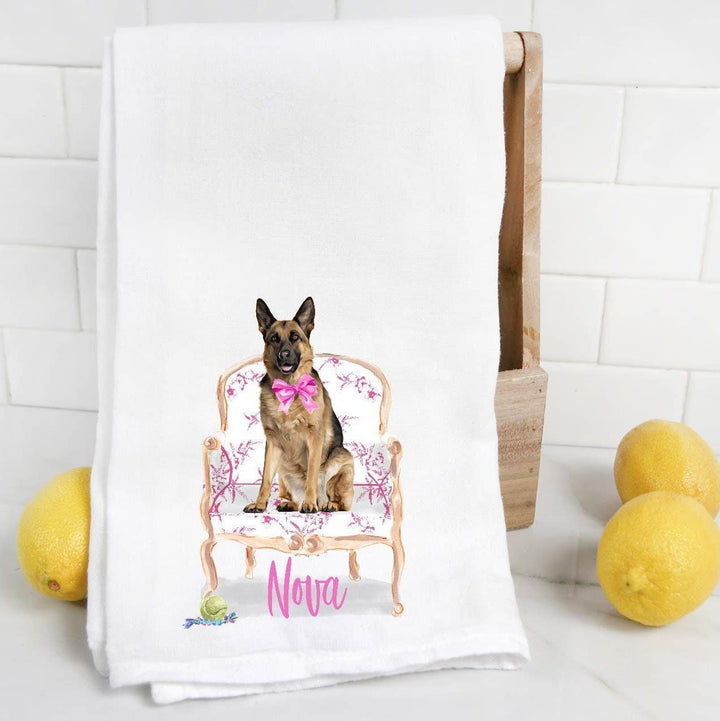 The Preppy Pineapple Home - Custom German Shepherd Tea Towel, Personalized Gift, Bow Tie: No Accessory / Wingback Chair