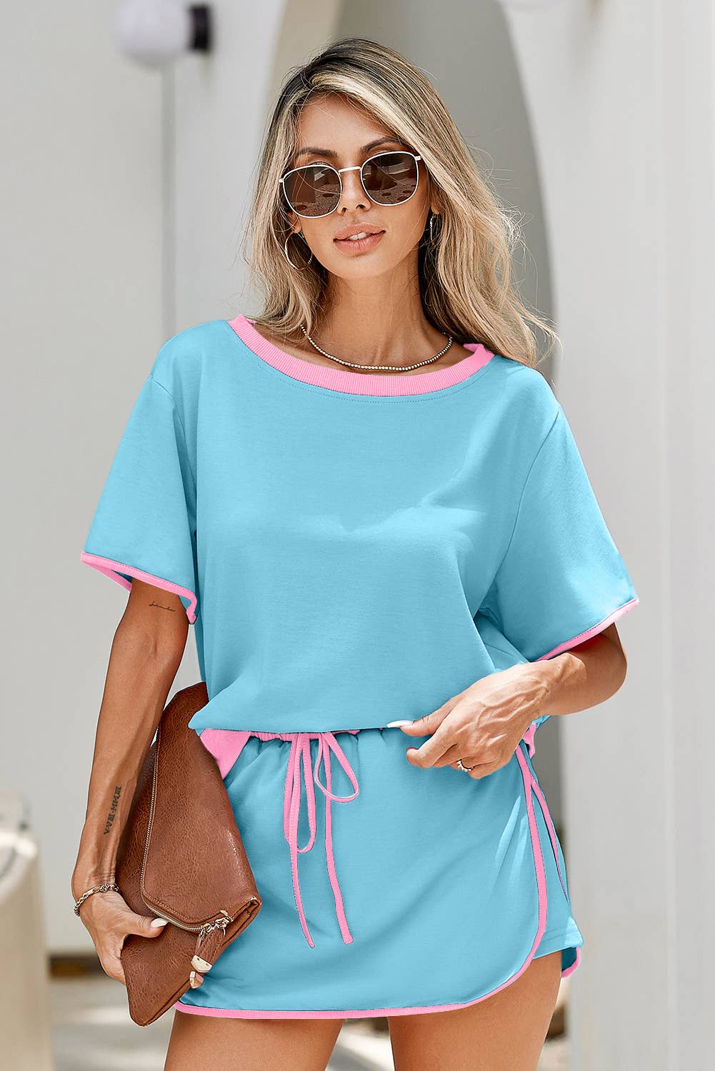 Colorblock Edge Drop Shoulder T Shirt and Skirt 2Pcs Set: Black / XL
