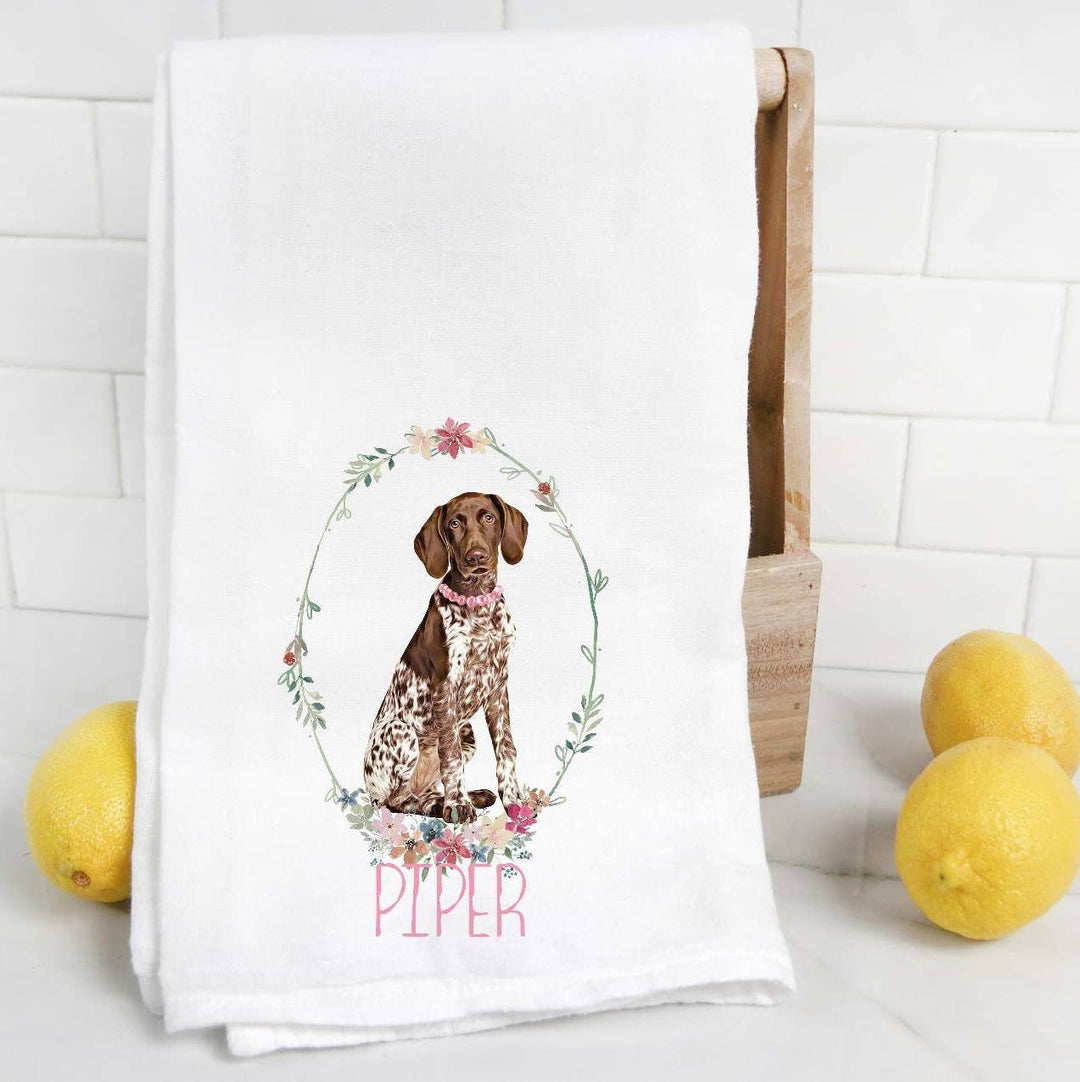 The Preppy Pineapple Home - Custom Brown Pointer Flour Sack Towel with Pet Name: No Accessory / Palm Chair
