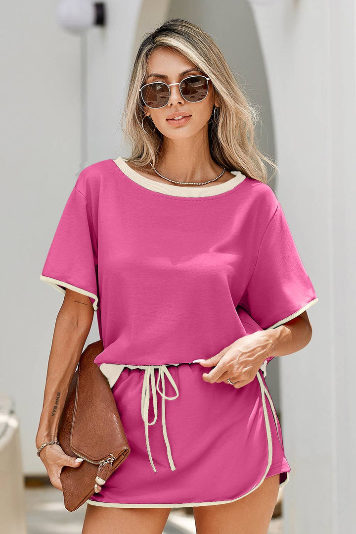 Colorblock Edge Drop Shoulder T Shirt and Skirt 2Pcs Set: Black / M