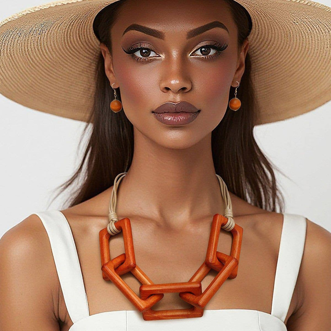 PinktownUSA - Collar Chunky Brown Wood Rectangle Link Necklace: Color: Brown / Plating: Gold / Size: 22 + 3 inches