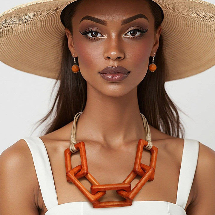 PinktownUSA - Collar Chunky Brown Wood Rectangle Link Necklace: Color: Brown / Plating: Gold / Size: 22 + 3 inches