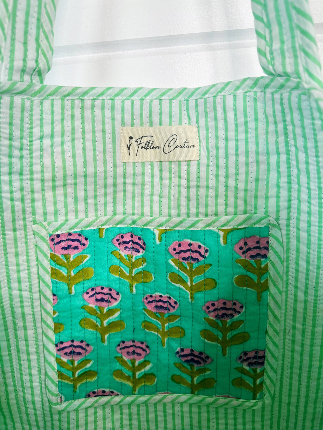 Folklore Couture - Quilted Tote Bag | Aqua Floral Bag | Large Shopping Tote Bag