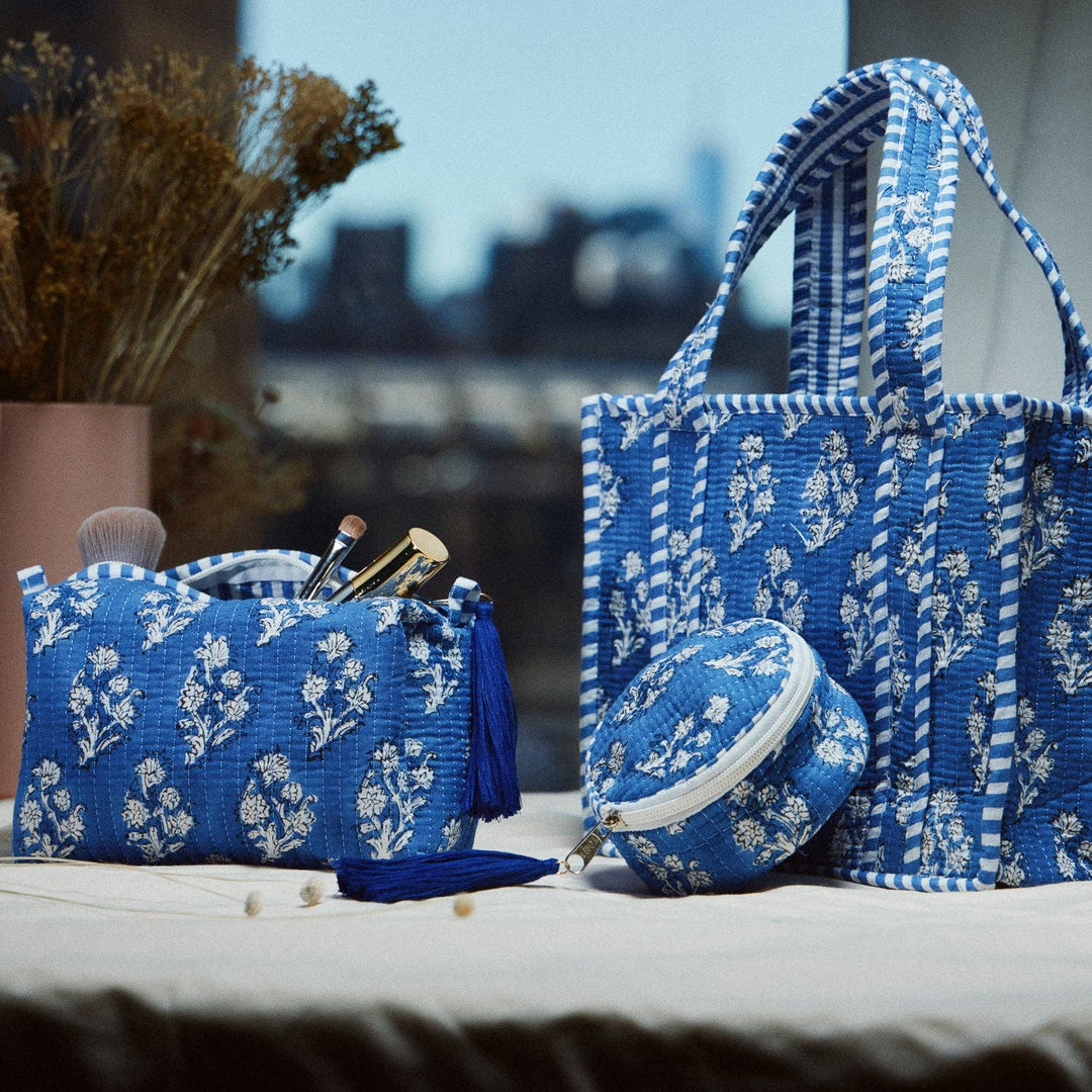 Frem - Blue Quilted Floral Cosmetic Pouch | Zipper Makeup Bag with Tassel: BL / ONE