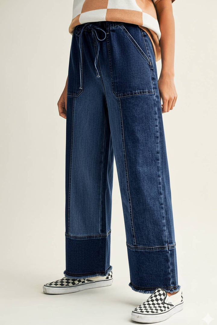 Drawstring Seam Detail Raw Hem Wide Leg Denim Pants: Beau Blue / 10