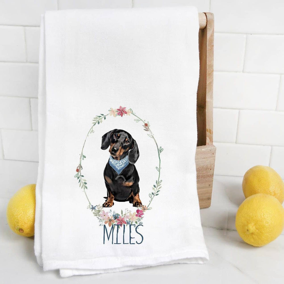 The Preppy Pineapple Home - Custom Black Dachshund Flour Sack Towel with Pet Name: No Accessory / Palm Chair