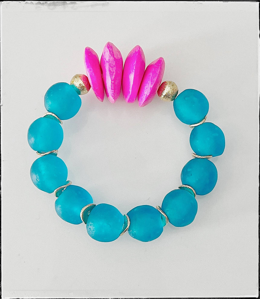 GentrybyJenna - African Bone Recycled Glass Bead Stretch Bracelet Pink Blue : 7”